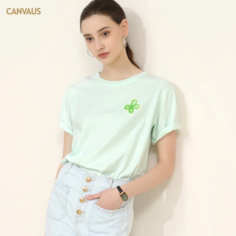 Soft Mint Green T-Shirt with Embroidered Floral Design