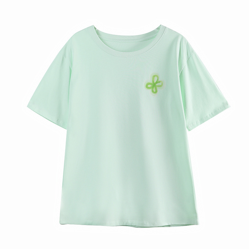 Soft Mint Green T-Shirt with Embroidered Floral Design 01