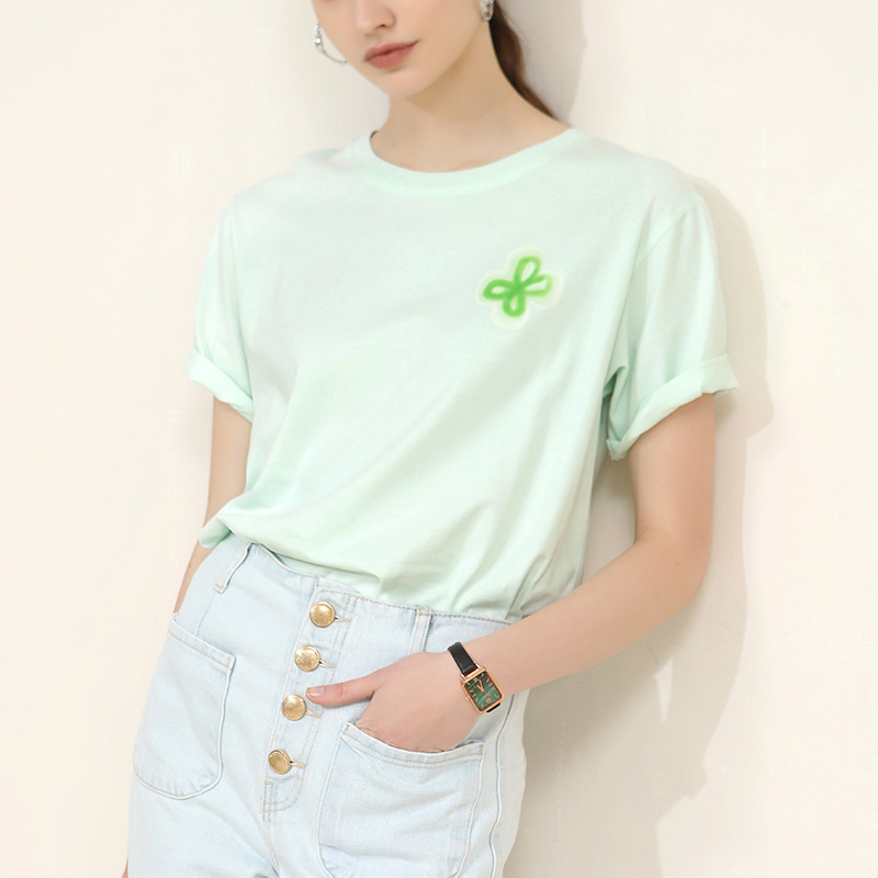 Soft Mint Green T-Shirt with Embroidered Floral Design 02