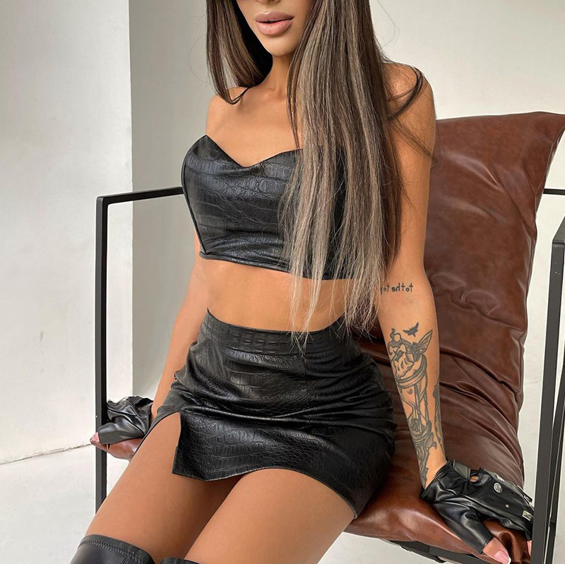 Strapless Sexy High-Waisted Skirt Set with Slit