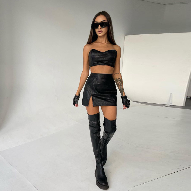 Strapless Sexy High-Waisted Skirt Set with Slit