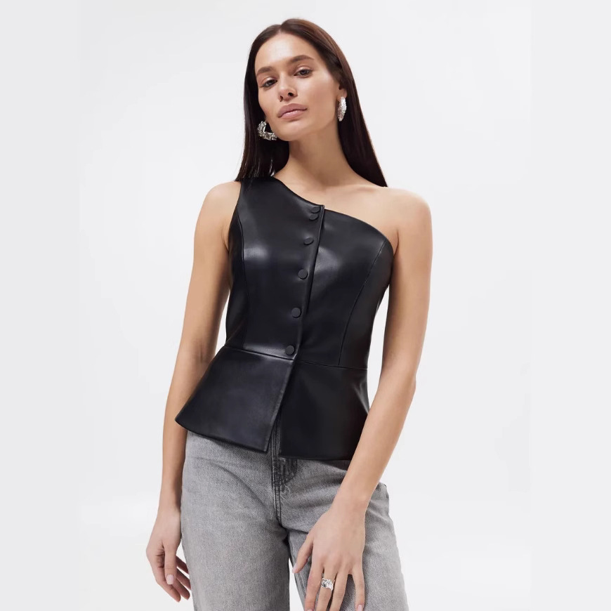 Single-Breasted PU Leather Vest with Sloping Shoulders - Sexy and Stylish