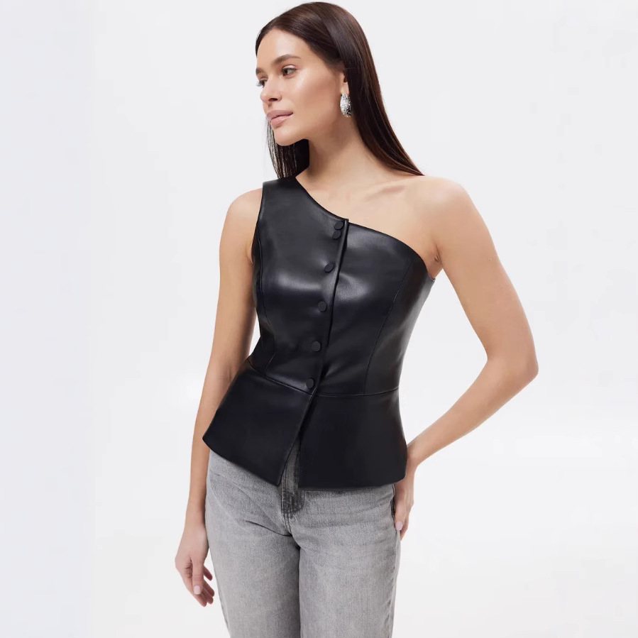 Single-Breasted PU Leather Vest with Sloping Shoulders - Sexy and Stylish