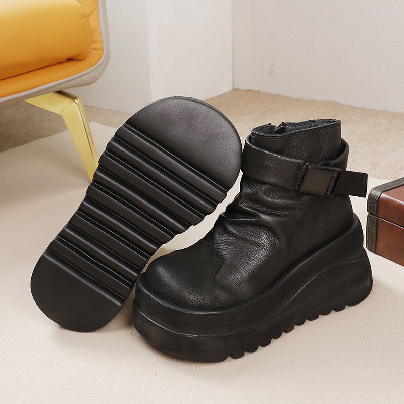 Leather Retro Chunky - Sole Side - Zip Short Boot