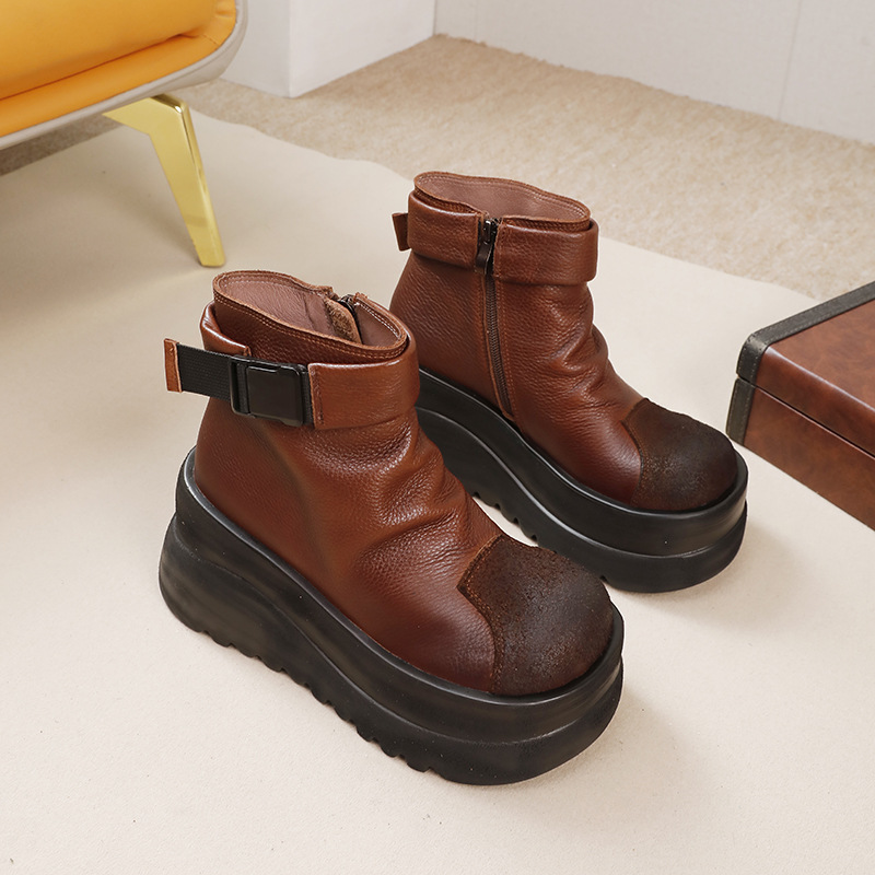 Leather Retro Chunky - Sole Side - Zip Short Boot