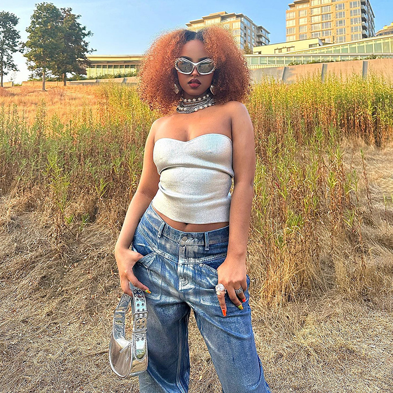 Strapless Crop Top with Exposed Navel & Sleeveless Vest - Casual Summer Wear