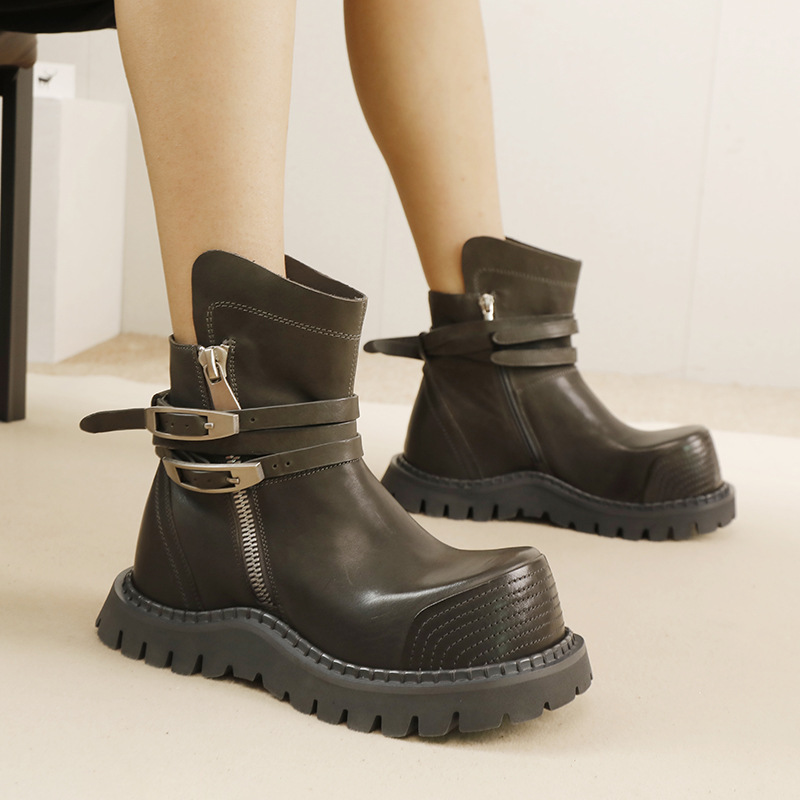 Genuine Leather Bare Boot with Belt Buckle