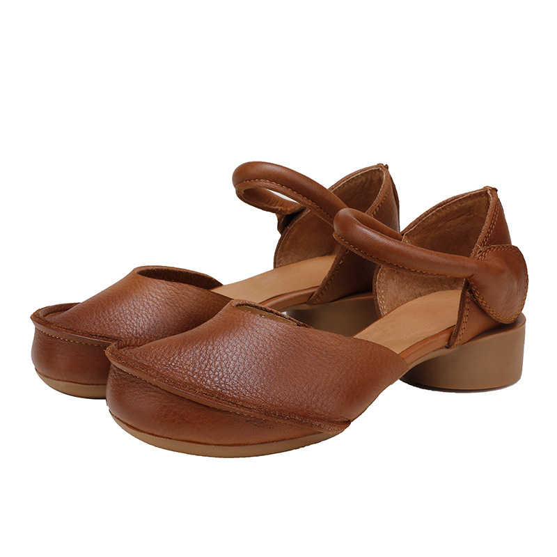 Women's Retro Peep - toe Genuine Leather Chunky Heel Hand - made Soft - sole Comfortable Sandals