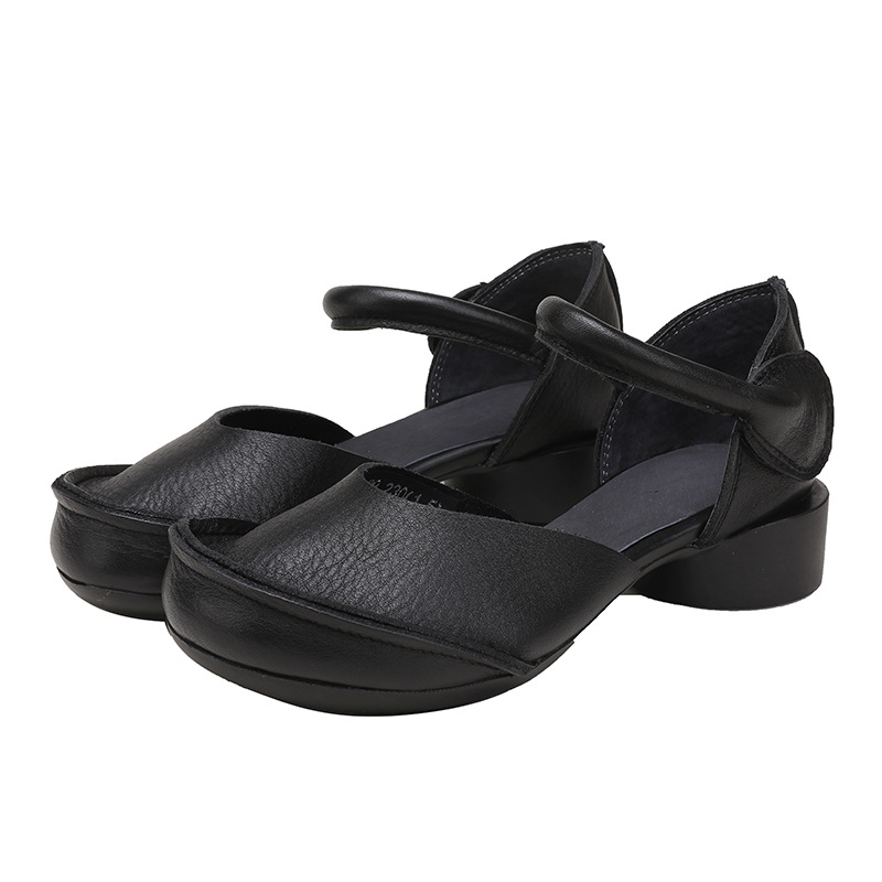 Women's Retro Peep - toe Genuine Leather Chunky Heel Hand - made Soft - sole Comfortable Sandals