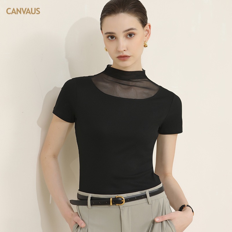 Elegant Mesh Yoke Short-Sleeve Top - Versatile Style for Every Occasion