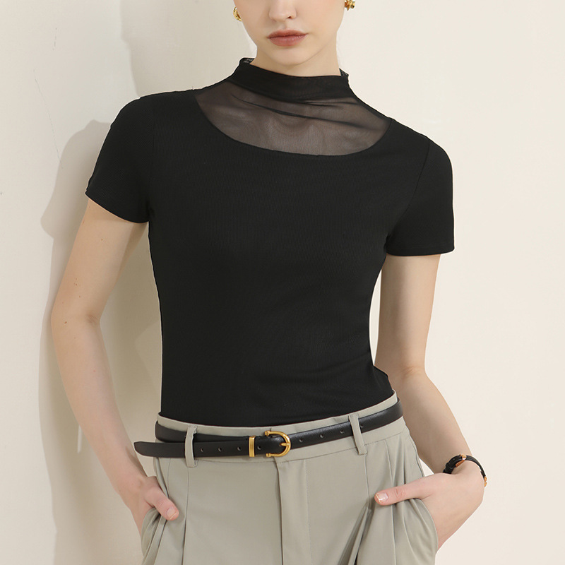 Elegant Mesh Yoke Short-Sleeve Top - Versatile Style for Every Occasion
