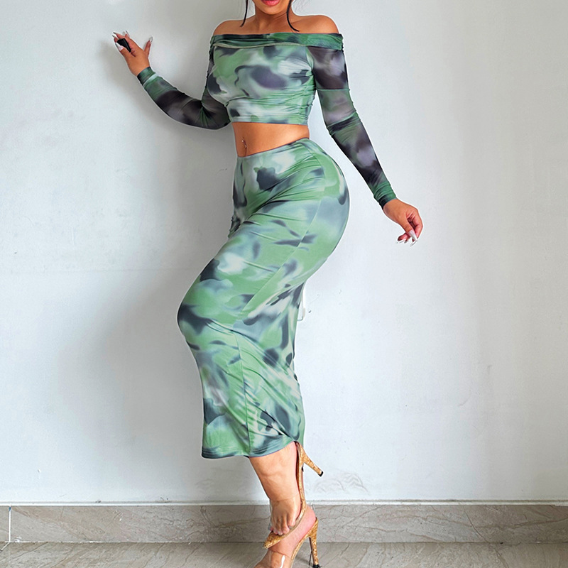 Fashionable Long Sleeved Off Shoulder Slim Fit Waist Skirt Set