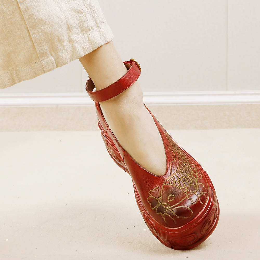 Genuine Leather Soft Chunky - Sole Stylish Red Flat Shoe 02