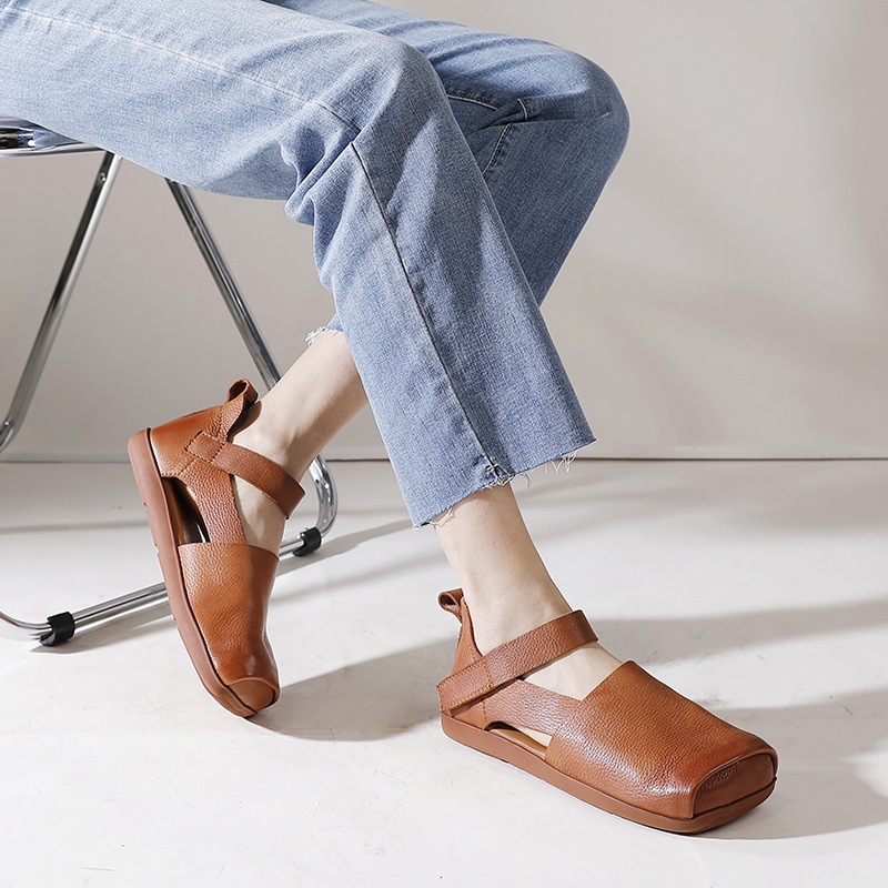 Women's Vintage Hand - made Square - Toe Soft - Sole Genuine Leather Shoes 02