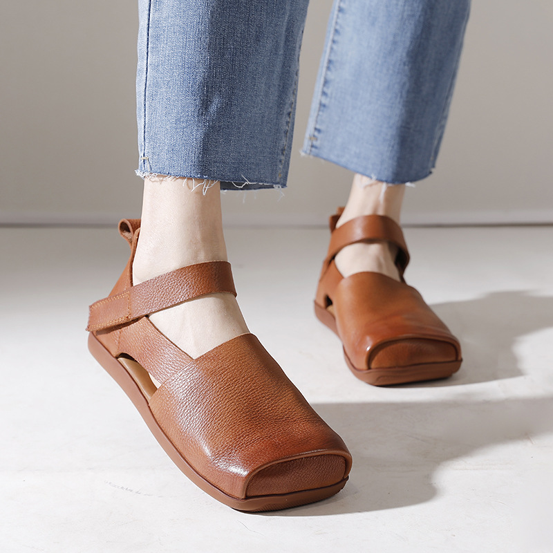 Women's Vintage Hand - made Square - Toe Soft - Sole Genuine Leather Shoes 01