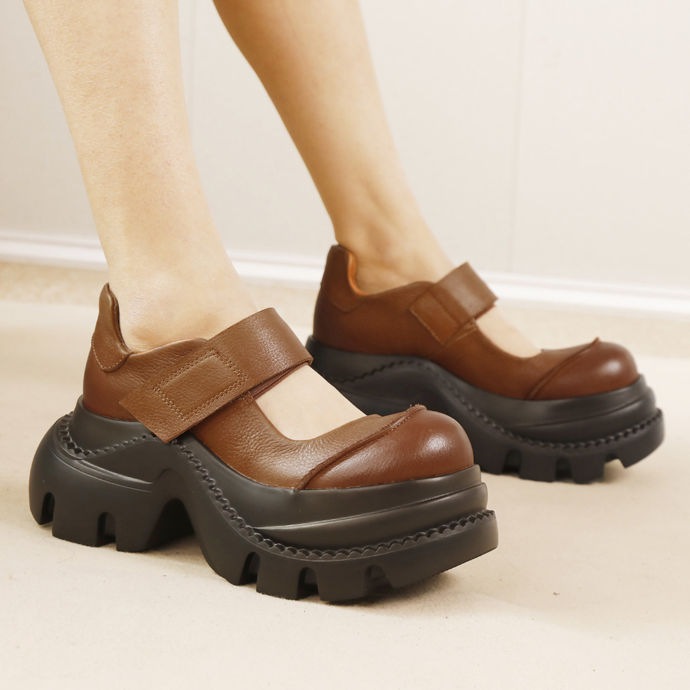 All-Leather Chunky Heel Shoes - Velcro Strap Seasonal Flats 01