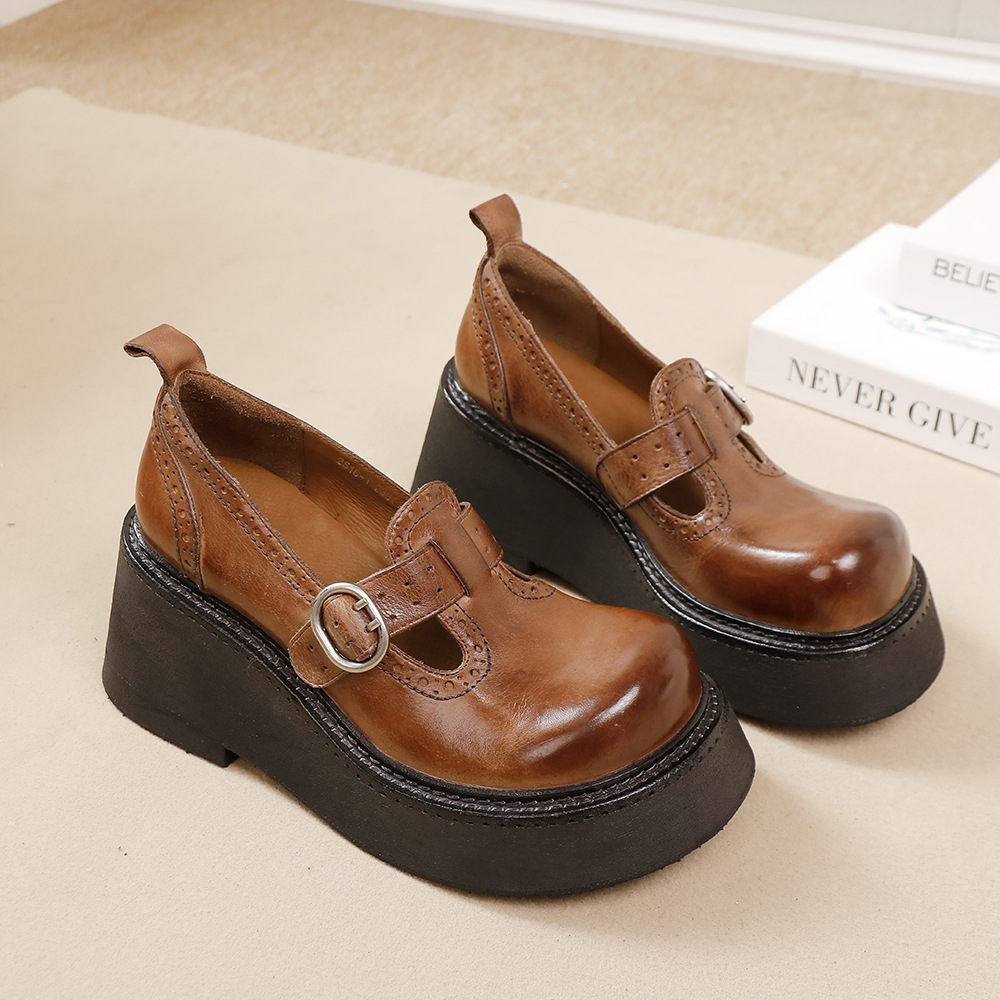 Washed Leather Chunky Heel Shoes - All-Leather British Style Flats