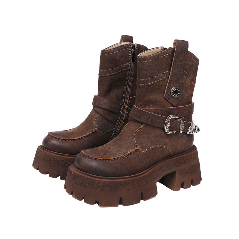Women's Leather Belt Buckle Chunky Heel Short Boots