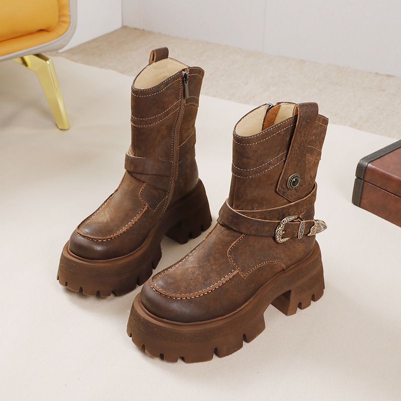 Women's Leather Belt Buckle Chunky Heel Short Boots