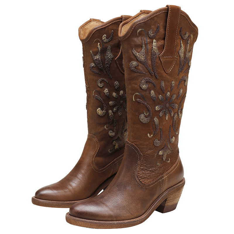 Western Cowboy Embroidered Leather Knight Boots