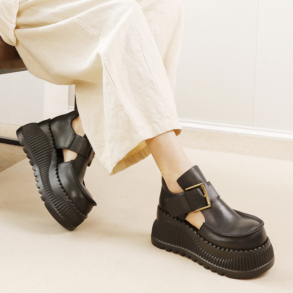 Vintage Leather Hollow Out Shoes - Genuine Leather Heeled Loafers 01