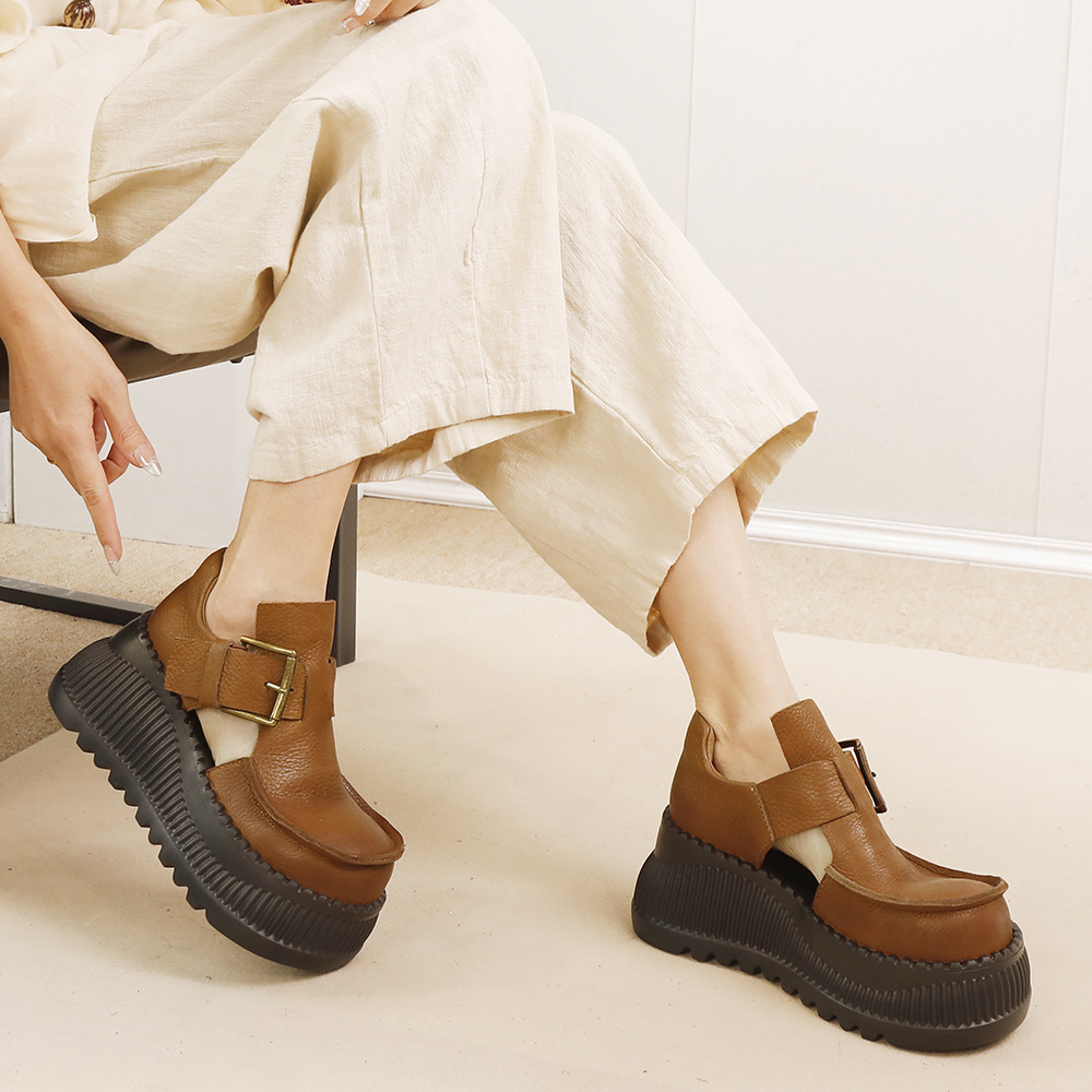 Vintage Leather Hollow Out Shoes - Genuine Leather Heeled Loafers 02