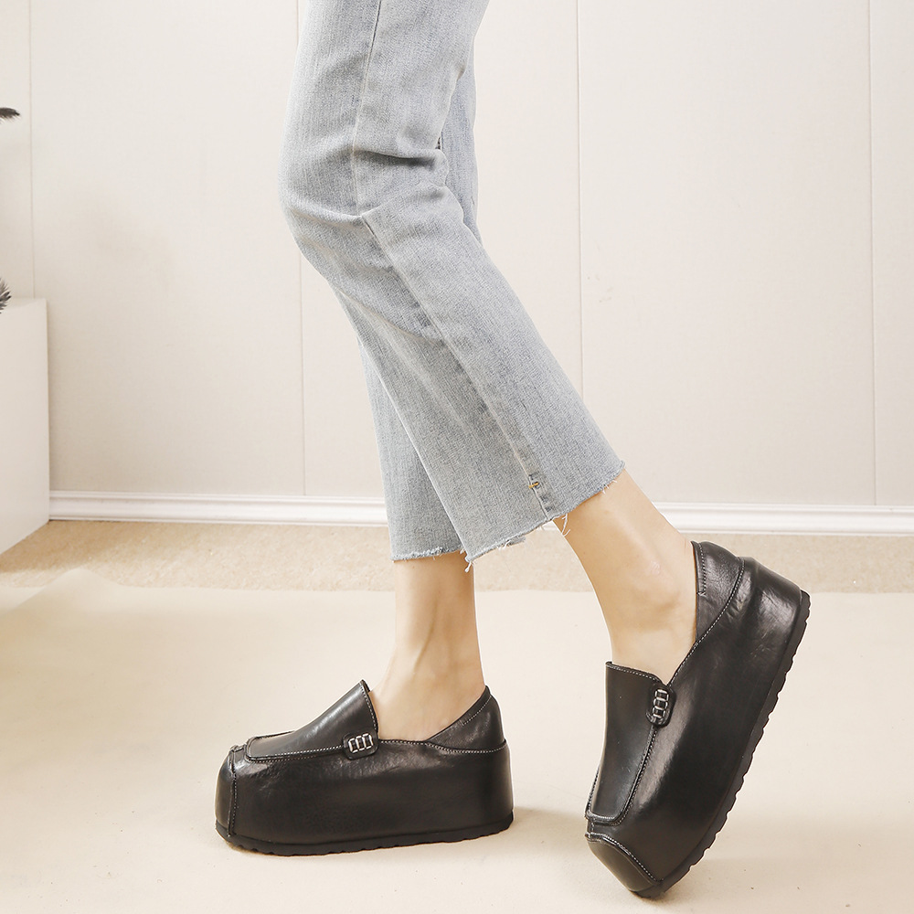 Washed Leather Hidden Heel Bread Shoes - Retro Comfortable Flats