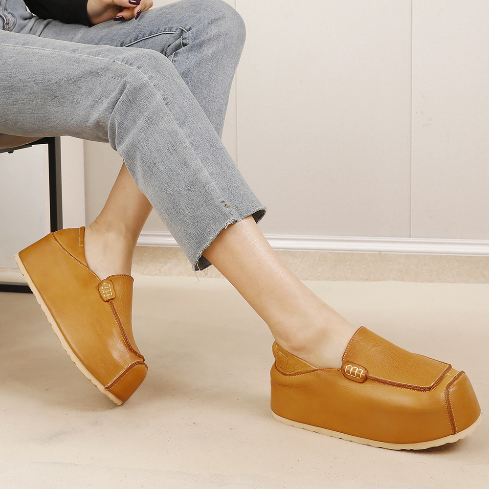 Washed Leather Hidden Heel Bread Shoes - Retro Comfortable Flats