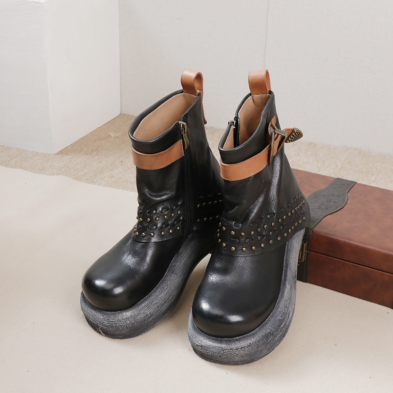 Top-Grain Leather Stud Chunky Heel Retro Fashion Boots