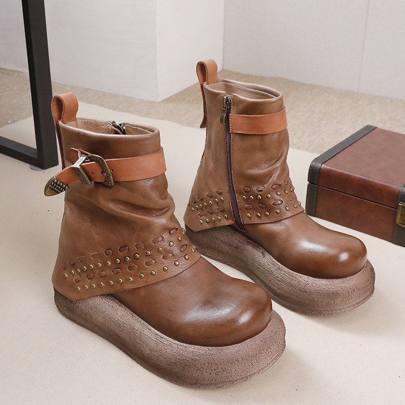 Top-Grain Leather Stud Chunky Heel Retro Fashion Boots