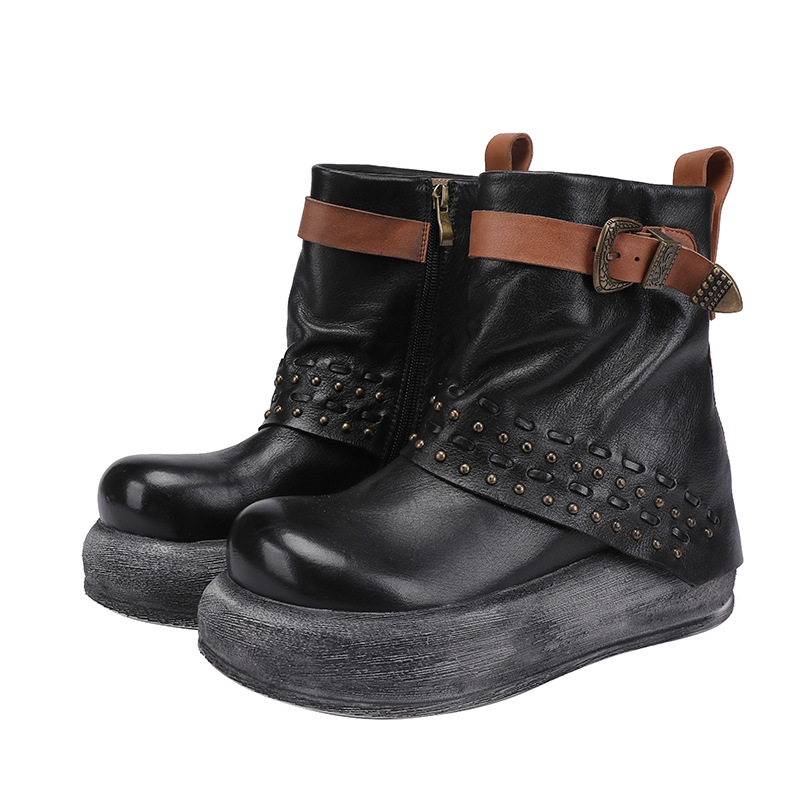 Top-Grain Leather Stud Chunky Heel Retro Fashion Boots