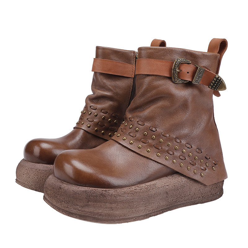 Top-Grain Leather Stud Chunky Heel Retro Fashion Boots