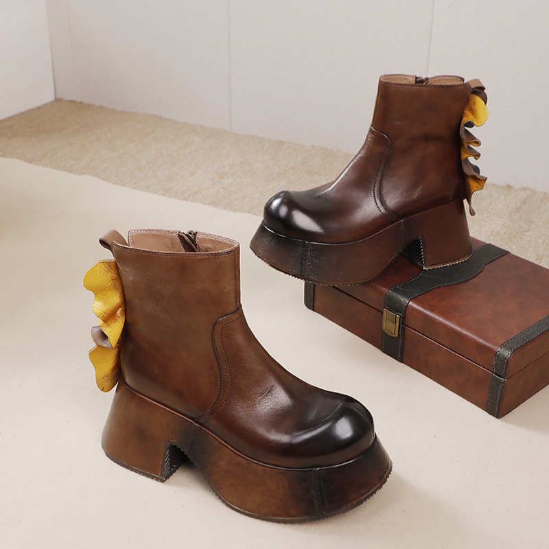 Vintage Leather Chunky Boot - Unique Stylish Waterproof Platform