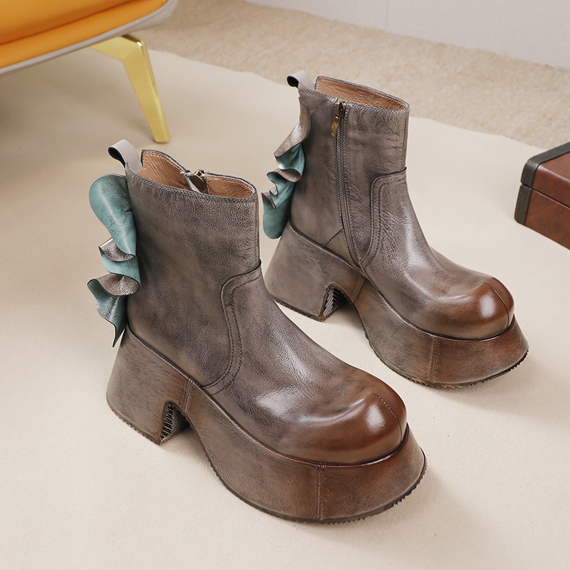 Vintage Leather Chunky Boot - Unique Stylish Waterproof Platform