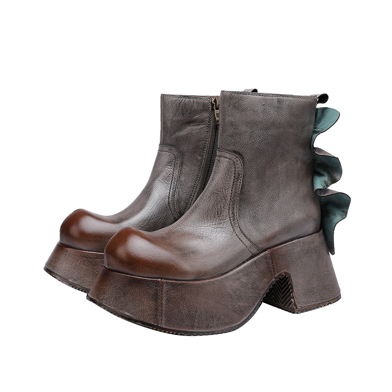 Vintage Leather Chunky Boot - Unique Stylish Waterproof Platform
