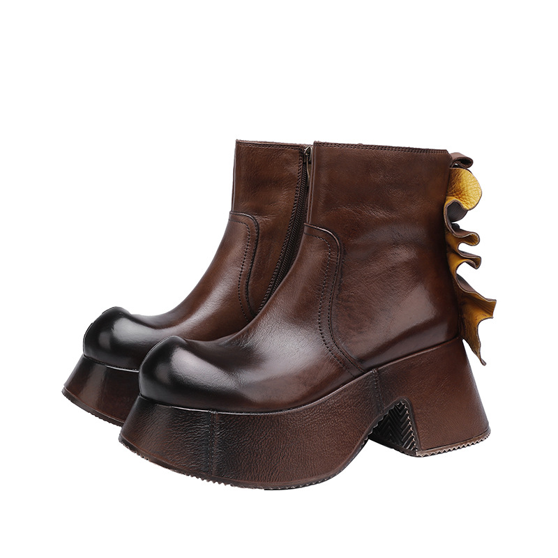 Vintage Leather Chunky Boot - Unique Stylish Waterproof Platform