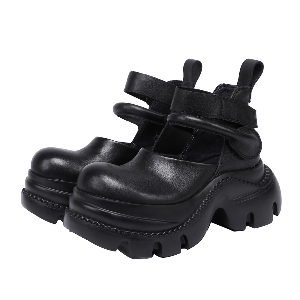 Leather Chunky Heel Shoes - Handmade Retro Flats