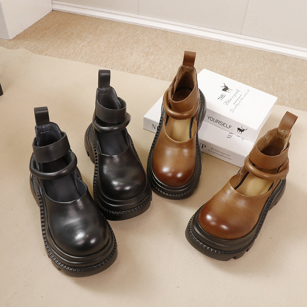 Leather Chunky Heel Shoes - Handmade Retro Flats