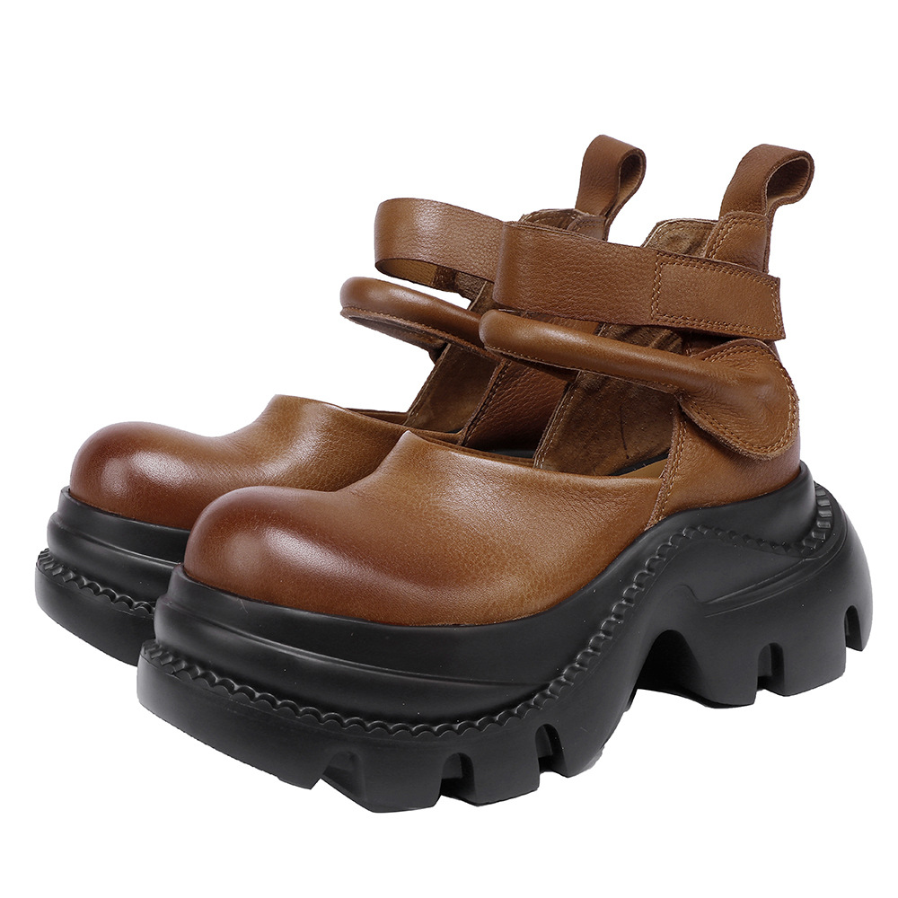 Leather Chunky Heel Shoes - Handmade Retro Flats
