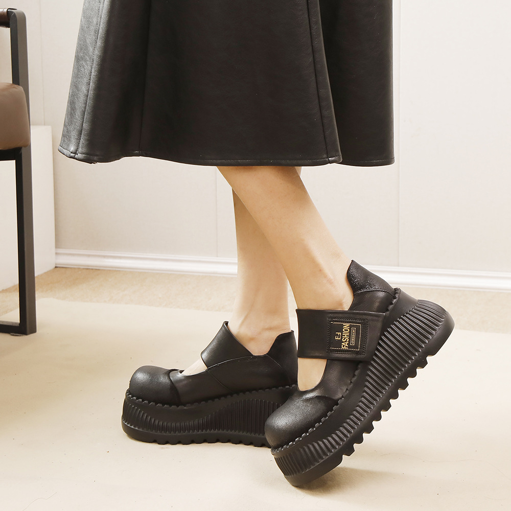 Leather Chunky Heel Shoes - Magic Strap for Easy Wear