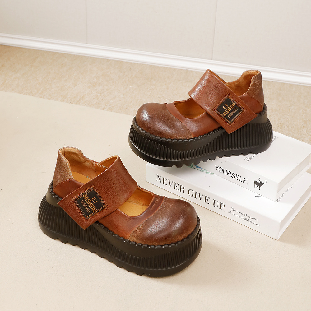 Leather Chunky Heel Shoes - Magic Strap for Easy Wear