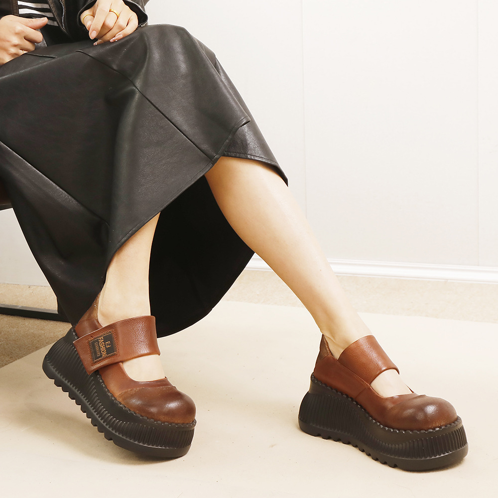 Leather Chunky Heel Shoes - Magic Strap for Easy Wear