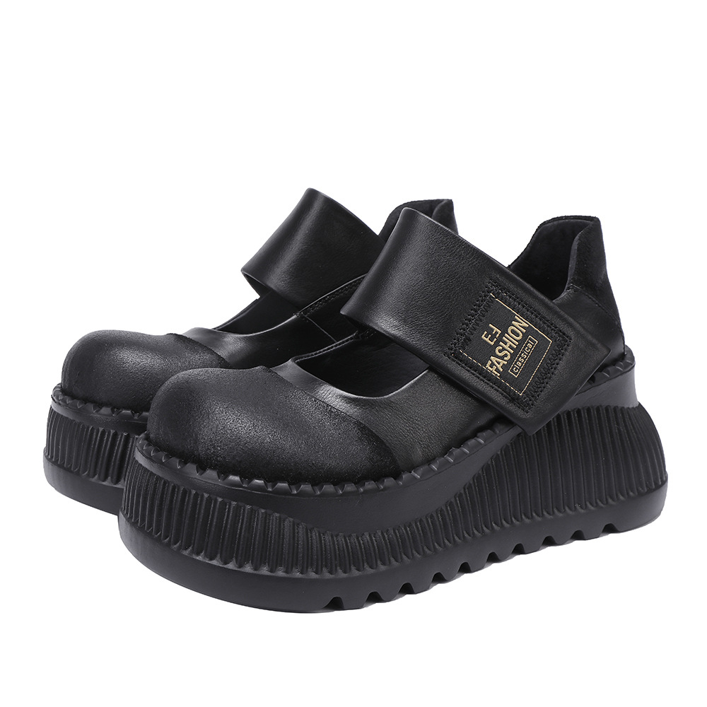 Leather Chunky Heel Shoes - Magic Strap for Easy Wear