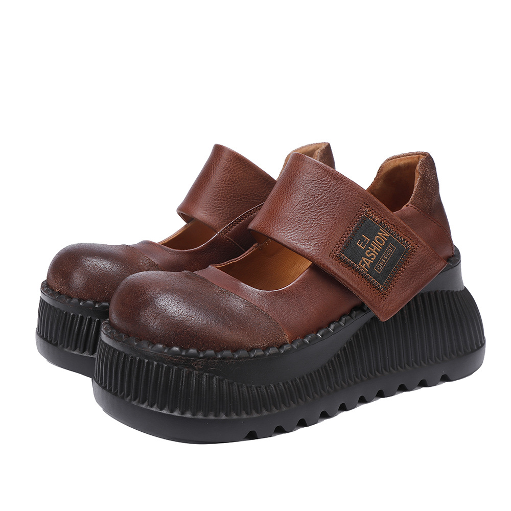 Leather Chunky Heel Shoes - Magic Strap for Easy Wear