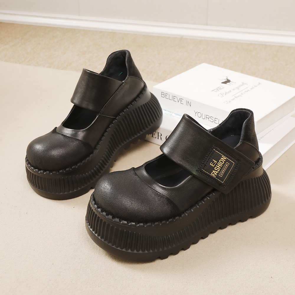 Leather Chunky Heel Shoes - Magic Strap for Easy Wear