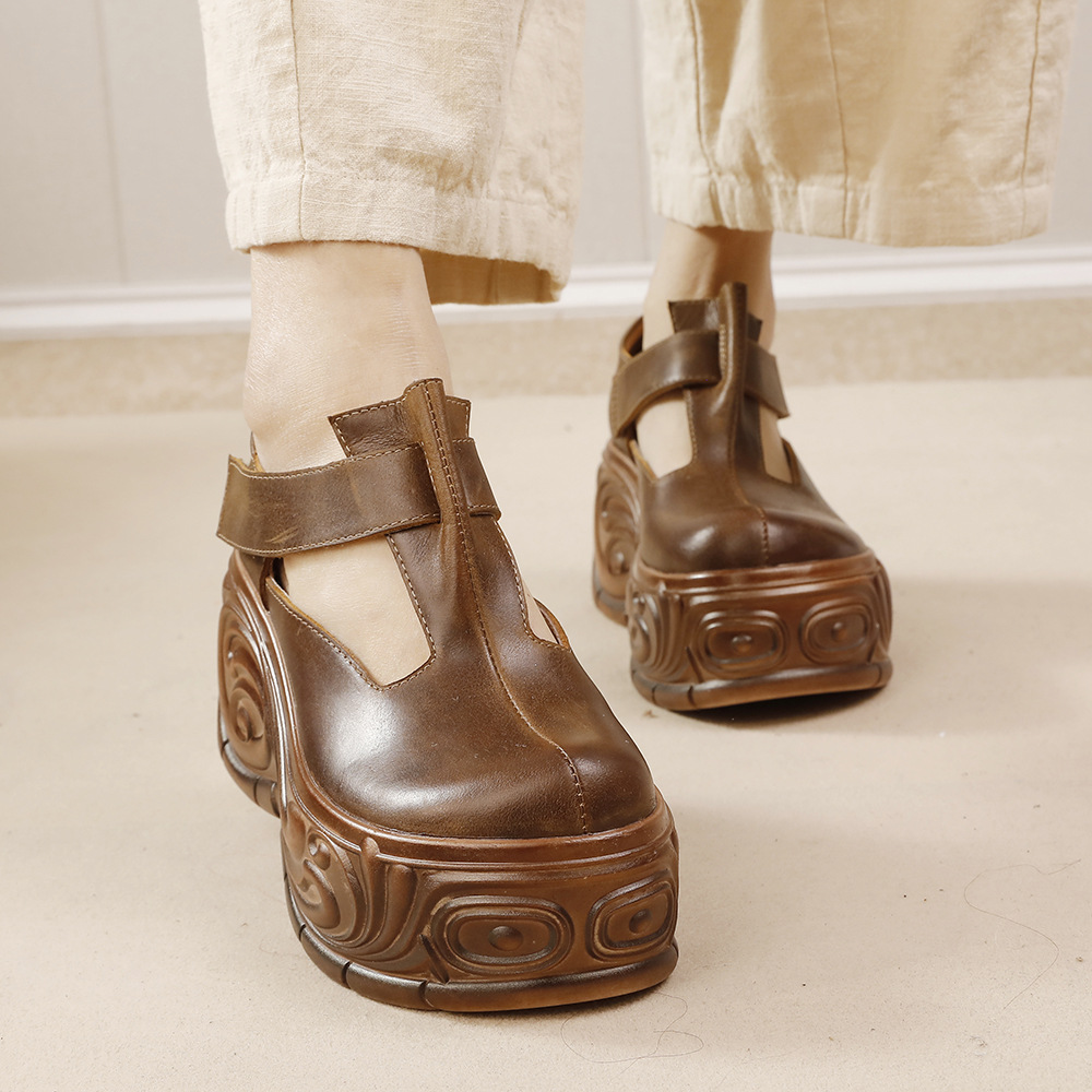 Vintage Thick Sole T-Strap Leather Shoes - Classic & Comfortable