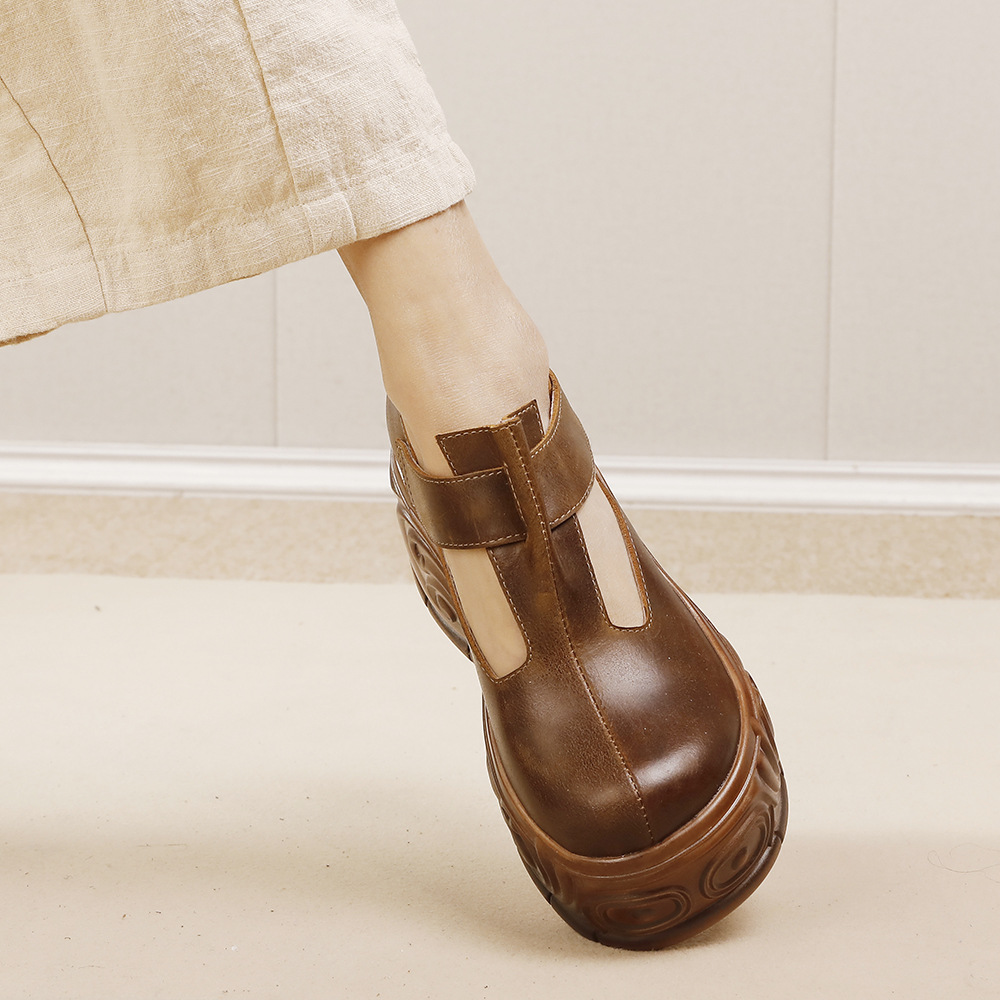 Vintage Thick Sole T-Strap Leather Shoes - Classic & Comfortable