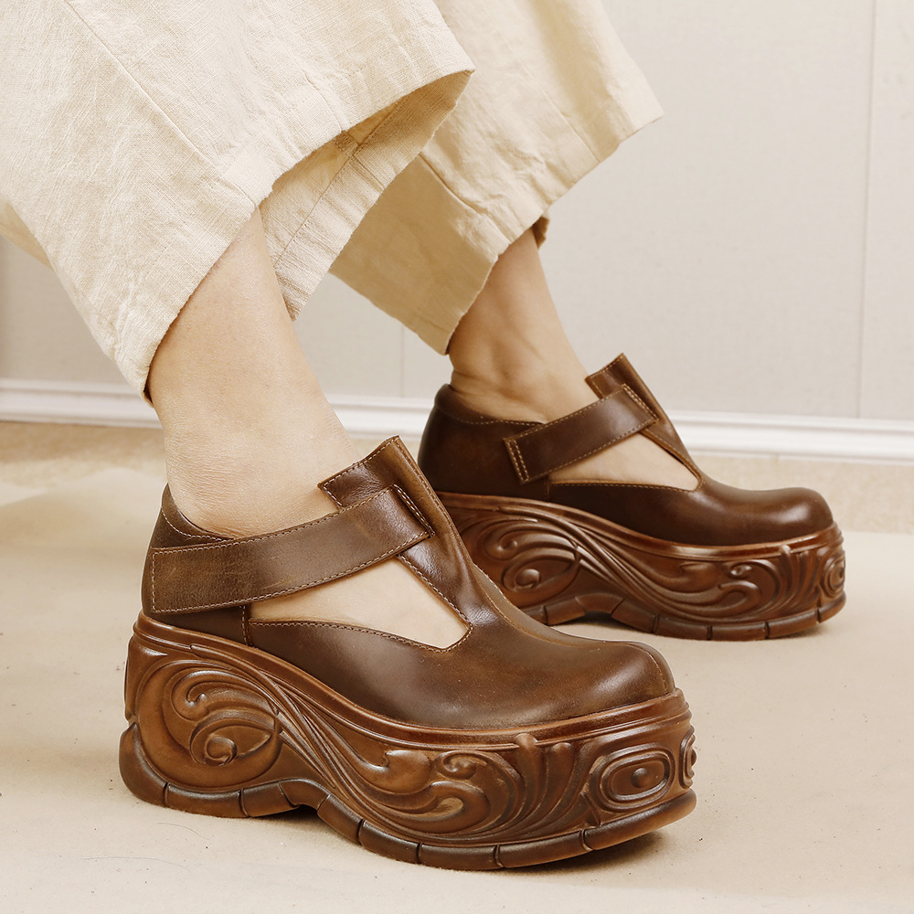 Vintage Thick Sole T-Strap Leather Shoes - Classic & Comfortable