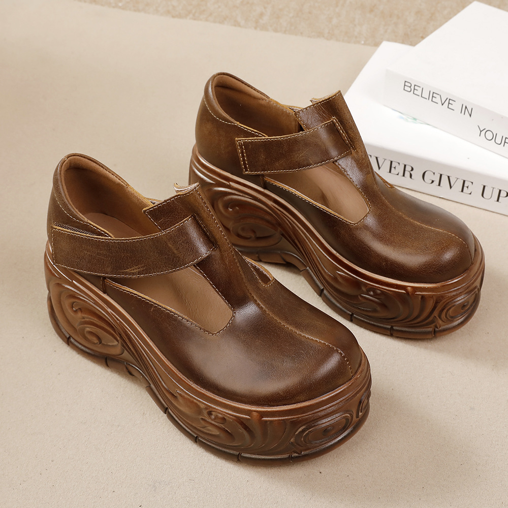 Vintage Thick Sole T-Strap Leather Shoes - Classic & Comfortable