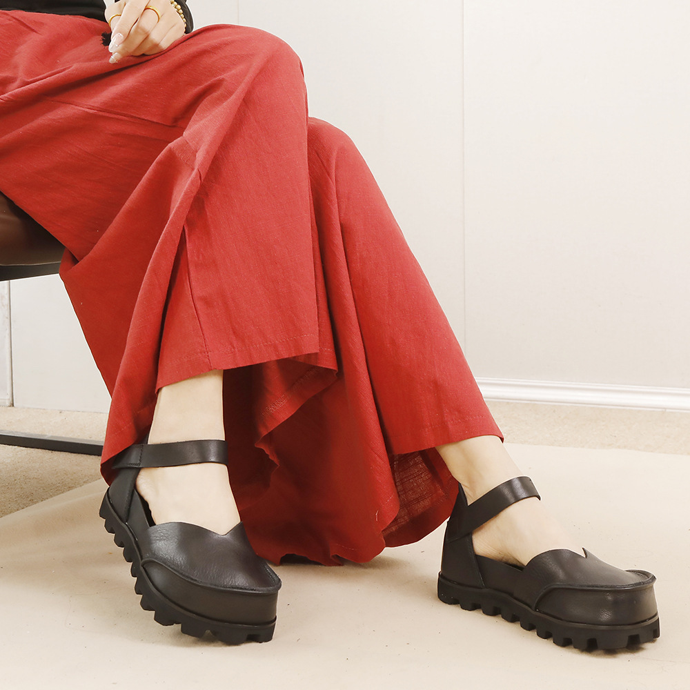 Genuine Leather Flat Shoes - Hidden Heel Hollow Strap Casual Loafers